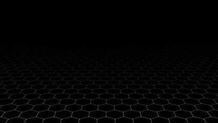 Wall Mural - Perspective hexagonal white grid on a dark background. Futuristic vector illustration. Background in the style of the 80s.