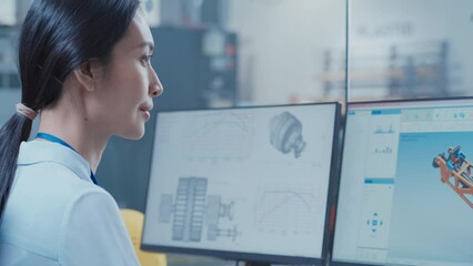 Leinwandbilder - Portrait of an Asian Industrial Engineer Developing Models of a Heavy Industry Machine Parts on Computer CAD Software in a Factory. Modern Technological Research and Development Center.