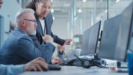 Poster - Factory Office Design Agency: Industrial Engineers Discussing 3D Layouts of a Heavy Industry Hydraulic Machine Parts on a Computer CAD Software. Modern Technological Research and Development Center.