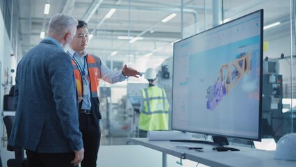 Aufkleber - Factory Office Meeting: General Manager Talking with Chief Engineer in a Conference Room with TV Set. Heavy Industry Employees Discussing Modern Hydraulics Mechanism for Industry Equipment.