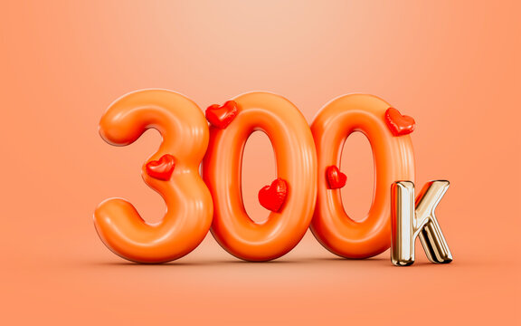 300k follower celebration orange color number with love icon 3d render concept for social banner