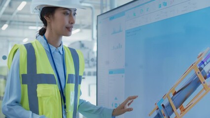 Leinwandbilder - Factory Office Meeting: Female Chief Engineer Explaining New Workflow for Heavy Industry Hydraulic Parts Production to Company Director in a Conference Room with TV. Showing 3D Layout on Screen.