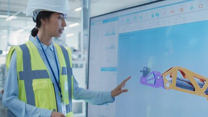 Leinwandbilder - Factory Office Meeting: Female Chief Engineer Explaining New Workflow for Heavy Industry Hydraulic Parts Production to Company Director in a Conference Room with TV. Showing 3D Layout on Screen.