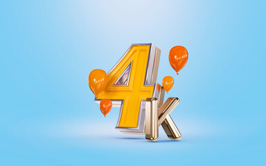 4k followers celebration social media banner with orange balloon blue background 3d render concept