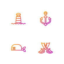 Set Line Crossed Pirate Swords, Pirate Bandana For Head, Lighthouse And Anchor. Gradient Color Icons. Vector