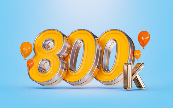 800k followers celebration social media banner with orange balloon blue background 3d render concept