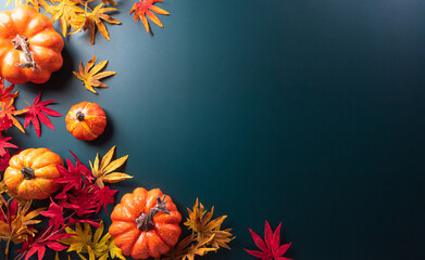 Wall Mural - autumn and thanksgiving decoration concept made from autumn leaves and pumpkin on dark background. f