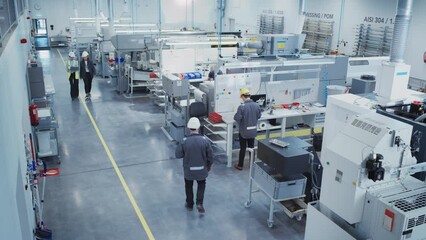 Poster - Industrial Factory: Team of Engineers, Technicians, Specialists and Workers, Working on Production Plant, Developing CNC Parts, Programming Machines, Executing Orders. Slow Motion Elevated Footage.