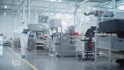 Poster - Heavy Industry Manufacturing Factory: Scientist in Sterile Coverall Walking with Laptop Computer, Examining Industrial CNC Machine Settings and Configuring Production Functionality.