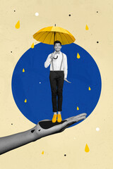 Poster - vertical poster collage photo of young man jump raining wear formalcloth isolated on drawing beige c