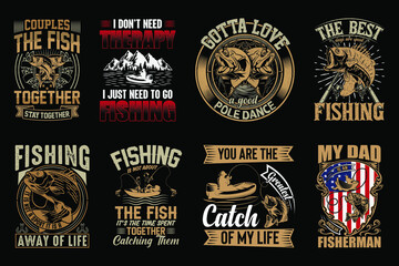 Fishing t-shirt design vector bundle, Fishing t-shirt collection, fish lover, vector illustration, trendy fishing t-shirts