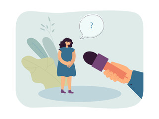 Canvas Print - girl with question mark above head speaking into microphone. woman thinking about story to tell flat