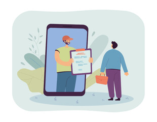 Wall Mural - courier with clipboard on phone screen flat vector illustration. man doing purchases using mobile. o