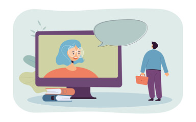 Wall Mural - man looking at woman on computer screen flat vector illustration. person watching webinar or lecture