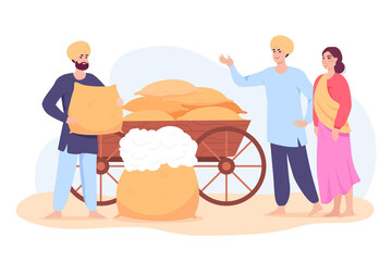 Wall Mural - Indian cartoon farmer sacks of cotton. Agricultural farm business, village in Maharashtra, rural people buying cotton from man flat vector illustration. Agriculture, farming, India concept for banner