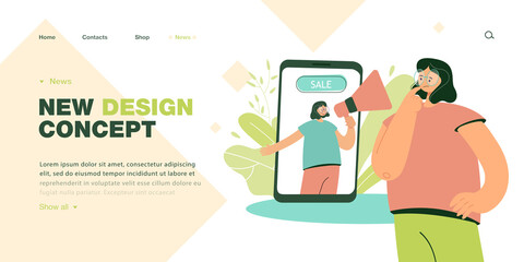 Wall Mural - Client looking at big smartphone with manager on screen. Shop assistant with speaker flat vector illustration. Advertising, sale, commerce concept for banner, website design or landing web page