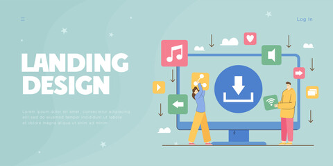 Wall Mural - Download button on computer screen and people transferring files. Uploading digital data: videos or films, music, documents flat vector illustration. Multimedia, piracy, Internet concept for banner