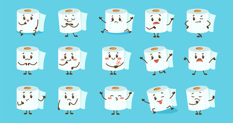 Wall Mural - emoticons with cute comic toilet paper vector illustrations set. funny toilet roll for washroom cart