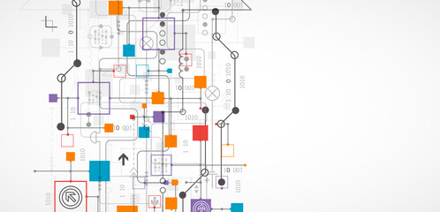 Abstract technology concept. Circuit board, high computer color background. Vector illustration with space for content, web - template, business tech presentation.