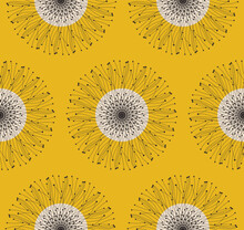 Stylized Dandelions Flowers Seamless Pattern Tile Ethnic Yellow
