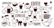 Set of cute coffee shop icon. Hand drawn drinks from cocoa beans, cappuccino, teapot, mug or cup, sweet desserts, tea and lettering. Cartoon flat vector collection isolated on white background