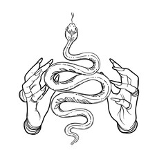 Poster - Magic hand and snake. Fortune telling concept. Spiritual Palmistry symbol logo and temporary tattoo. Esoteric mystical black silhouette serpent for magic witch craft. Vector outline illustration.