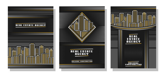 Vector Flyers Set, 3 folders with copy space for text on illuminated skyline background, three line art design flyer template for building construction company or real estate agency with urban skyline