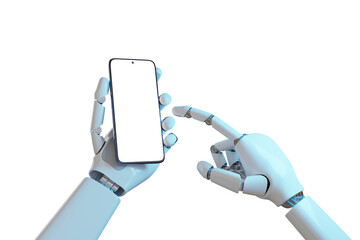 Robotic hands using a mobile phone with a blank screen. 3d illustration.