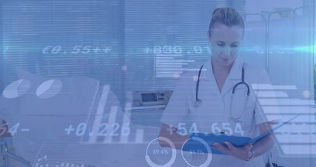 Wall Mural - Animation of financial data over caucasian female doctor making notes