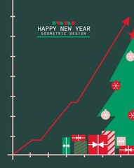 New Year simple infographic template with light green Christmas tree and red arrow. Creative concept of financial success in bauhaus style. Vector greeting card with winter decoration and gift boxes