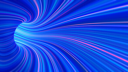 Poster - Collider inside. Saturn rings. Abstract photons in a cyberspace tunnel. Speed of light and interstellar flight. 3D illustration of neon strings bent in a wormhole