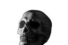 A Scary Human Skull, Isolated On A White Background, Reproduced In Halftone Style.
