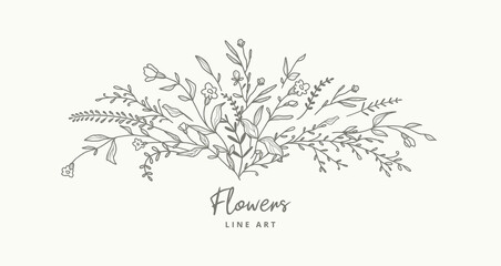 Wall Mural - Delicate flower bouquet in line art style. Hand drawn flowers, branches, leaves, plants, herbs. Decorative element for the logo. Vector illustration for labels, corporate identity, wedding invitations