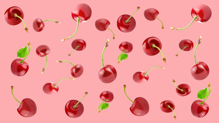 Poster - Falling cherry isolated on pastel pink background.