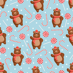 Wall Mural - Seamless pattern with a forest brown winter bear in a hat and scarf with candies. Vector Christmas illustration for fabric, texture, wallpaper, poster, card. Editable elements. cartoon design.