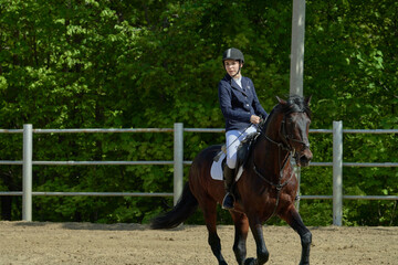 A young woman performs a sports race on a horse on a sunny summer day.