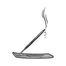 Incense Smoking Burning Aroma Stick Sketch Engraving Vector Illustration. T-shirt Apparel Print Design. Scratch Board Imitation. Black And White Hand Drawn Image.