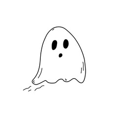 Hand drawn monochrome cute flying ghost doodle style, vector illustration isolated on white background. Black outline, decoration for halloween design