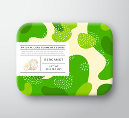 Wall Mural - Fruits Bath Cosmetics Box. Vector Wrapped Paper Container with Care Label Cover. Packaging Design. Modern Typography and Hand Drawn Bergamot. Abstract Camo Background Pattern Layout Isolated