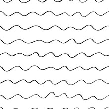 Thin Wavy Line Seamless Pattern. Abstract Seamless Hand Drawn Wavy Ornament. Ocean, Sea And River Motif. Curly Pen Lines. Black Ink Doodle Strokes. Simple Geometric Pattern. Monochrome Texture