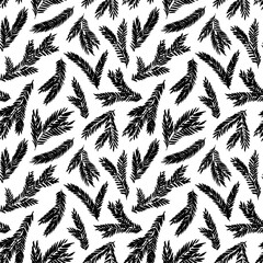Black spruce branches vector seamless pattern. Botanical Christmas seamless background with fir tree twigs. Foliage ornament. Vintage hand drawn pattern in rustic style. Black brush painted silhouette