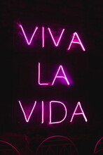 Sign In Spanish With Neon Light With The Text Viva La Vida. Neon Lights Sign On A Black Background. Bright Letters. A Pink Neon Sign Lit Up A Room.