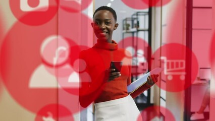 Poster - Animation of tech icons over happy african american woman standing in office