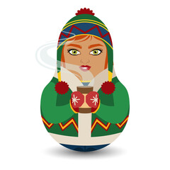 Wall Mural - A girl dressed in a hat with hanging pom-poms and warm clothes holds a hot drink in her hand. Modern kawaii dolls for your business project.