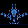 Continuous line drawing businessman spreading his arms confusion in business icon neon glow vector illustration concept