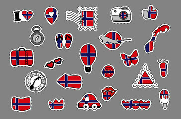 Patriotic travel stickers set in colors of national flag on white background. Norway