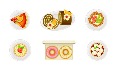 Wall Mural - Top view of delicious sweet desserts set. Cupcake, waffle, donut, roll and pie vector illustration