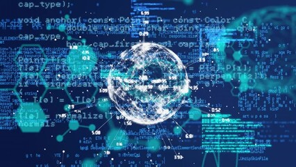 Poster - Animation of chemical formulas over globe with connections and data on navy background