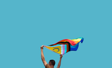 Poster - man is waving a progress pride flag outdoors