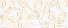 Luxury Art Background With Tropical Leaves In Gold Color In Line Style. Hand Drawn Botanical Banner With Exotic Plants For Wallpaper, Decor, Print.